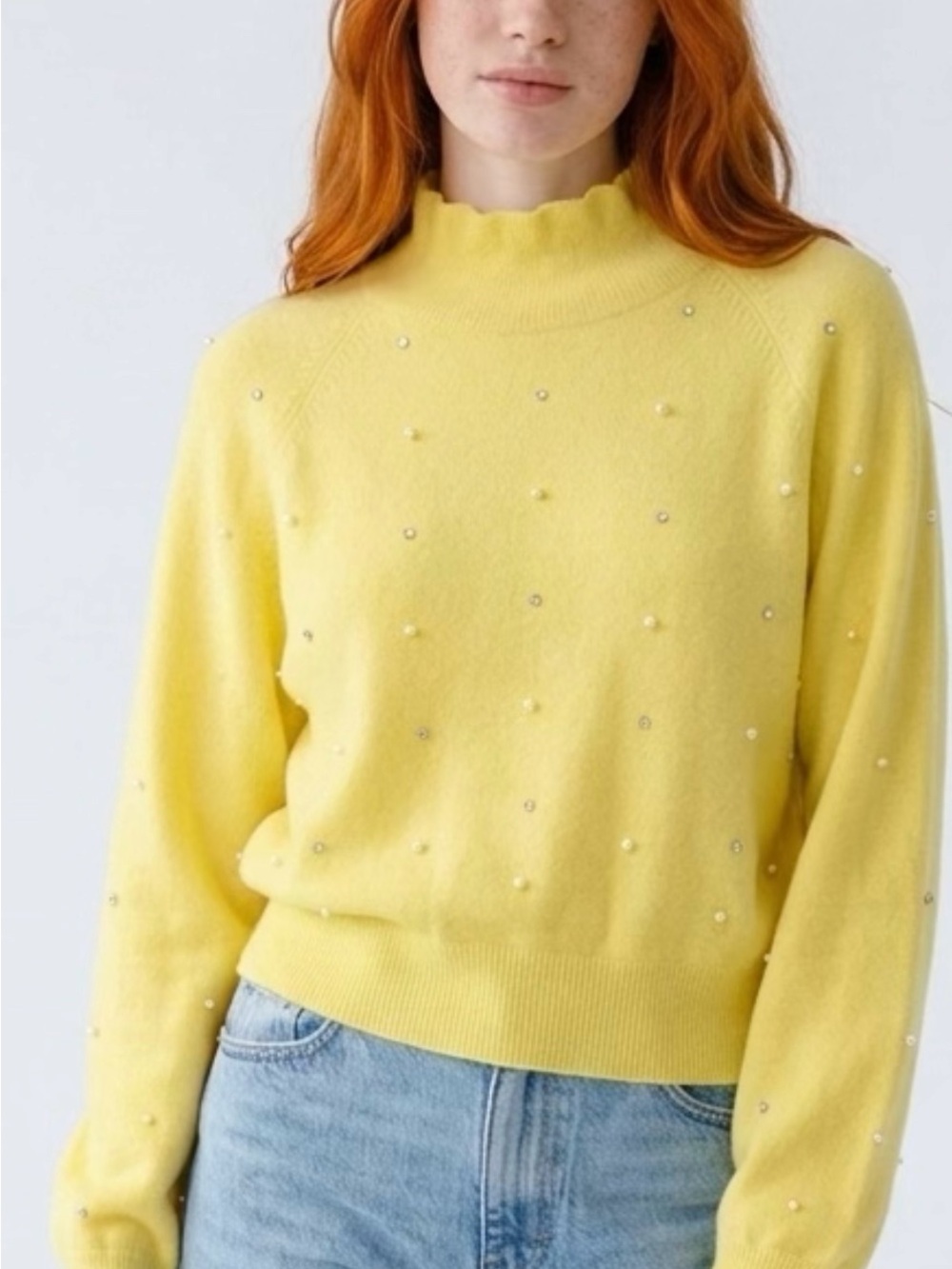 Charter Club 100% CASHMEREYellow Pearl-rhinestones Embellished Mock Neck SWEATER